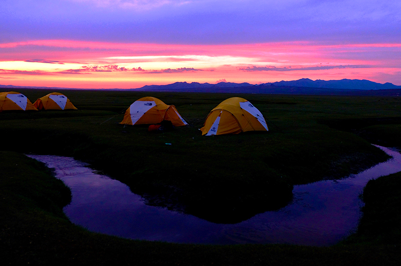 Wild camping near river in Mongolia